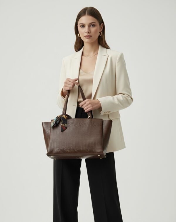 ayu250brown5 Women’s Premium Crocodile Texture Tote Handbag with Scarf | Large Capacity Shoulder Bag for Office, Casual & Daily Use